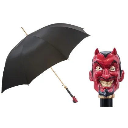 Picture Luxurious black men's umbrella with a handle in the shape of Lucifer's red head - Pasotti