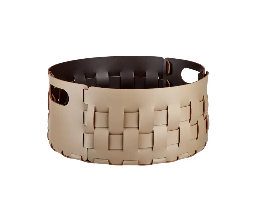 obrazek 1 Okrągły kosz Bottega Ø40xH20 cm w kolorze cappuccino z naturalnej skóry