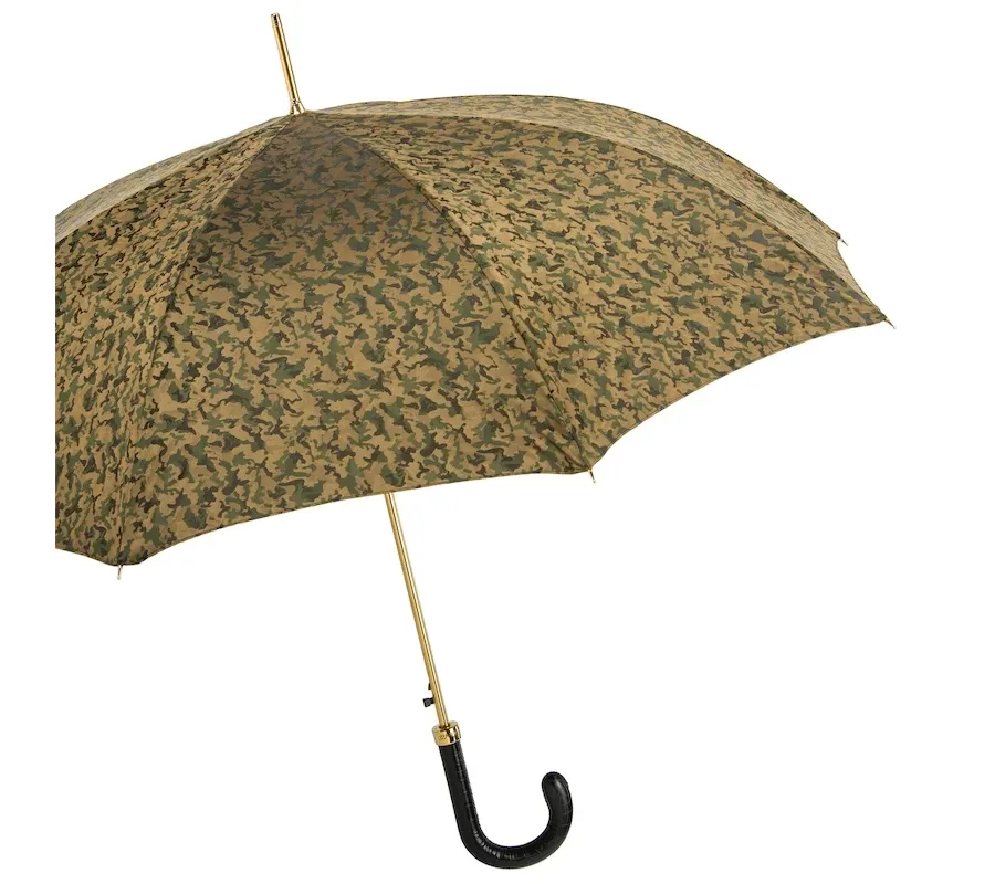 obrazek 7 Wyjątkowy parasol męski w brązowo zielonym wzorze kamuflażu ze skórzaną rączką – Pasotti