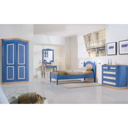 Zdjęcie Dziecięce łóżko lakierowane z niebieskim wykończeniem i detalami w kolorze miodu, z litego drewna - Zanini