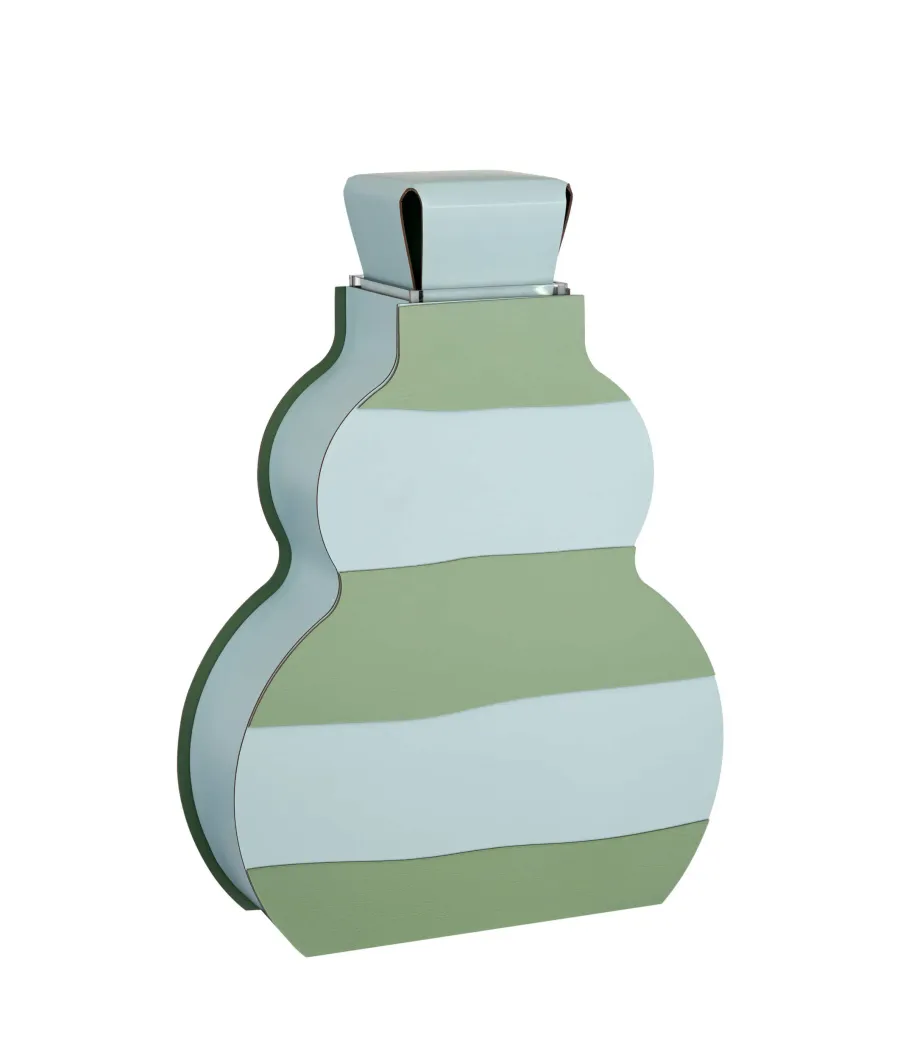 obrazek 2 Unikalny skórzany wazon Otto 9x33xH45 cm w poziome pasy w kolorze jasnobłękitnym i eukaliptusa