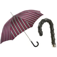 Picture Classic men's striped umbrella with a black leather handle - Pasotti