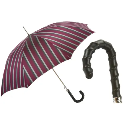 Picture Classic men's striped umbrella with a black leather handle - Pasotti