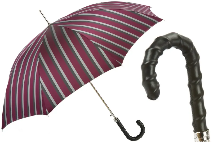 obrazek 1 Klasyczny parasol męski w paski ze skórzaną czarną rączką – Pasotti