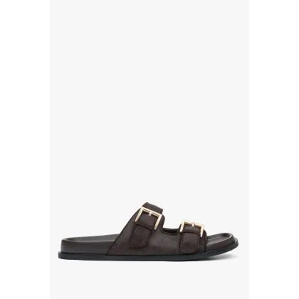 Zdjęcie Estro: Ciemnobrązowe klapki damskie ze skóry naturalnej z szerokimi regulowanymi paskami