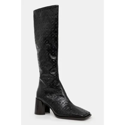 Zdjęcie Marine Serre kozaki skórzane Moonogram Embossed Leather Ms Block High damskie kolor czarny na słupku WFW038A.CLEA0051
