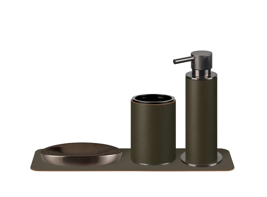 obrazek 2 Ciemnooliwkowy skórzany uchwyt na kubek Ø7xH10,5 cm z grafitowym wykończeniem