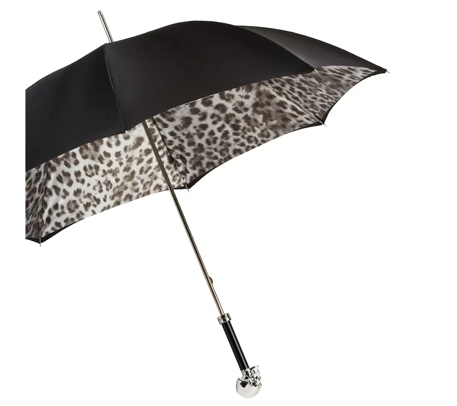 obrazek 9 Stylowy czarny parasol damski zdobiony animalistycznym wzorem z rączką w kształcie srebrnej czaszki - Pasotti
