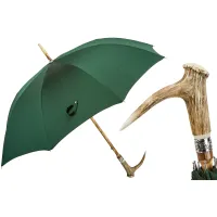 Zdjęcie Wyjątkowy zielony parasol męski z rączką z poroża jelenia – Pasotti