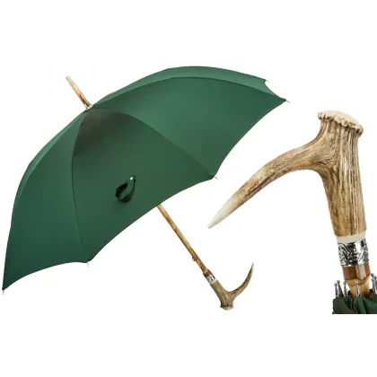 Picture A unique green men's umbrella with a deer antler handle - Pasotti
