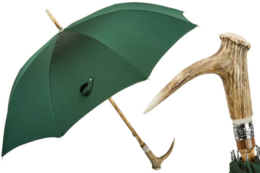 obrazek 1 Wyjątkowy zielony parasol męski z rączką z poroża jelenia – Pasotti