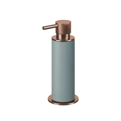 Picture Copper-plated light blue bathroom dispenser Ø7xH19 cm with leather elements