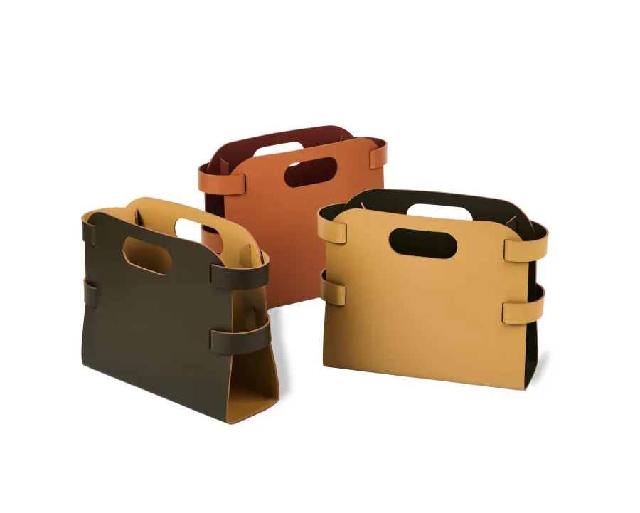 obrazek 2 Designerski kosz na czasopisma 16x36xH25 cm ze skóry w kolorze musztardowym