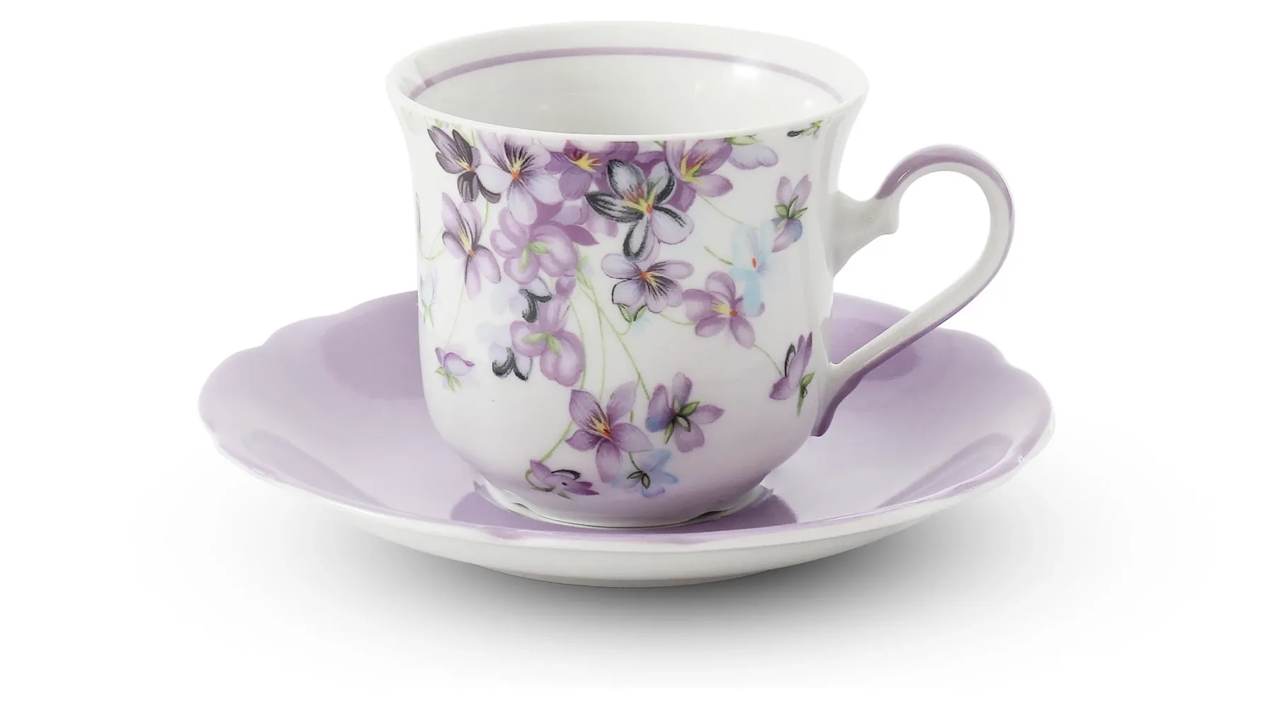Picture Ekskluzywna porcelanowa filiżanka do herbaty ze spodkiem zdobiona małymi kwiatami fiołków – Leander