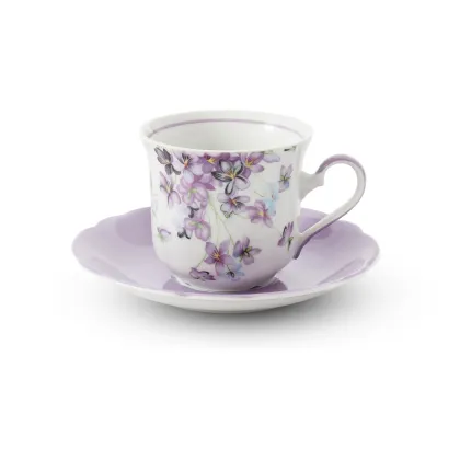 Zdjęcie Ekskluzywna porcelanowa filiżanka do herbaty ze spodkiem zdobiona małymi kwiatami fiołków – Leander
