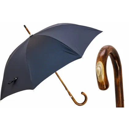 Picture Classic navy blue men's umbrella with a beautiful wooden handle - Pasotti