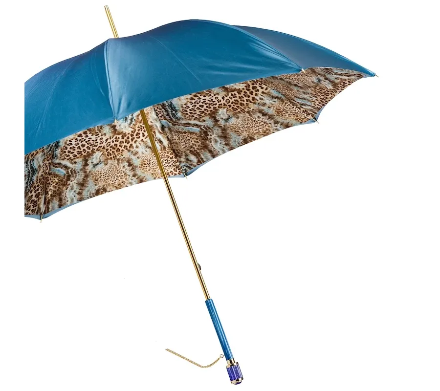 obrazek 8 Ekskluzywny niebieski parasol damski zdobiony motywem skóry leoparda – Pasotti