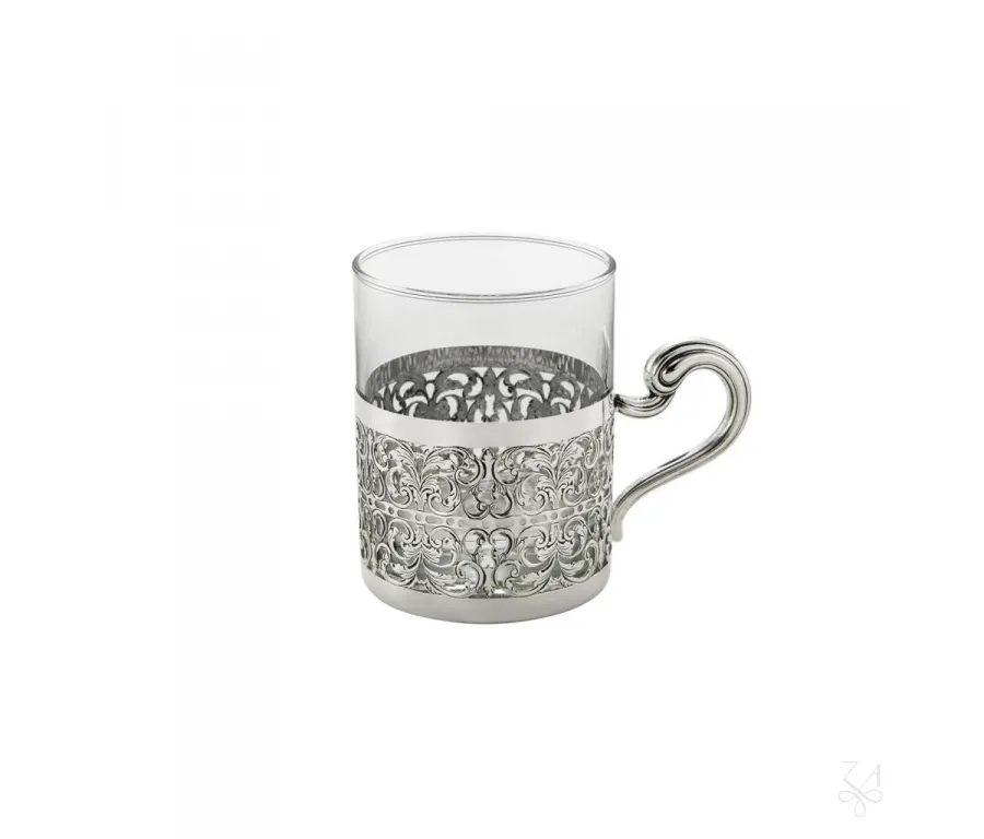 obrazek 1 Pięknie zdobiony srebrny koszyczek do szklanki do herbaty z uchwytem – Zaramella Argenti