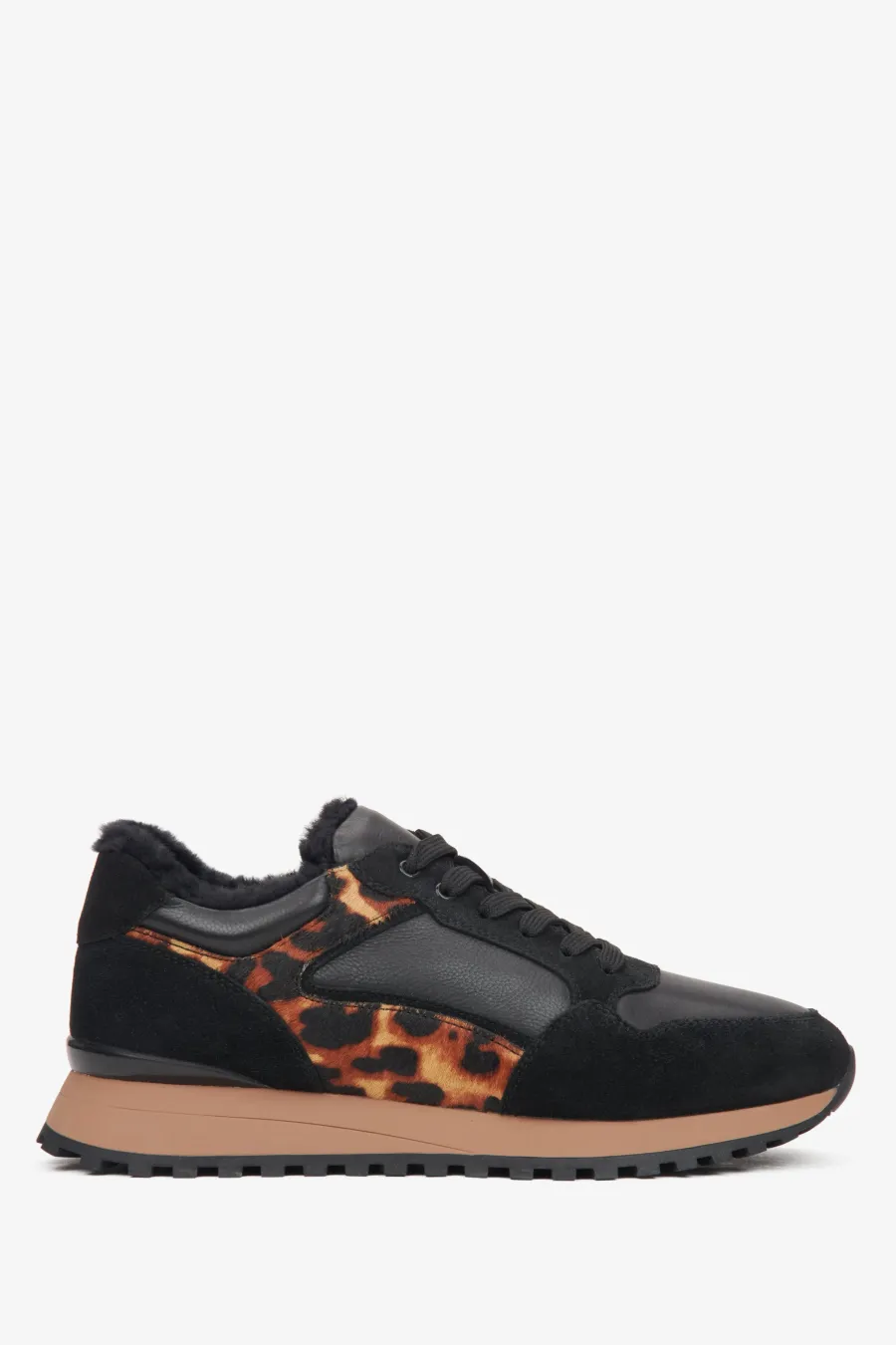 obrazek 1 Estro: Czarne skórzane sneakersy damskie na zimę z futrzanym wsadem