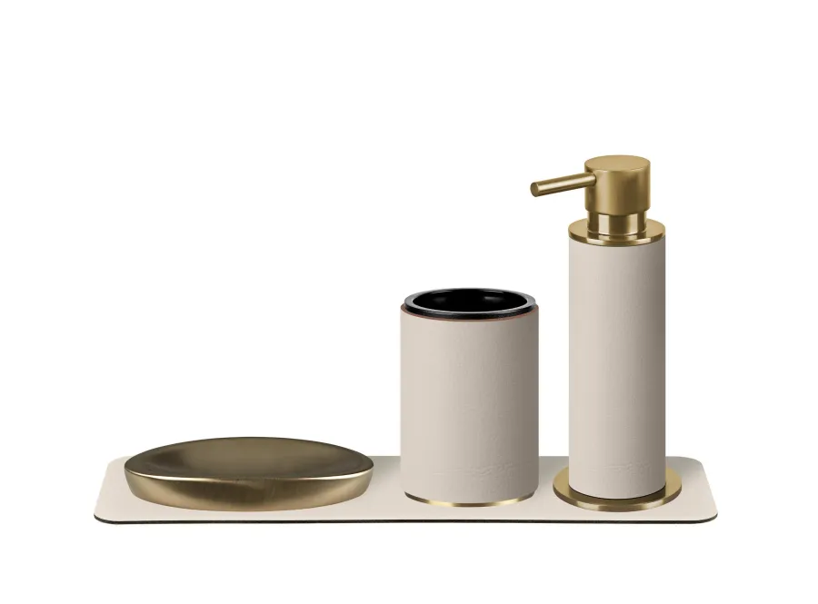 obrazek 3 Uchwyt na kubek Ø7xH10,5 cm złocony wykonany z naturalnej skóry w kolorze waniliowym