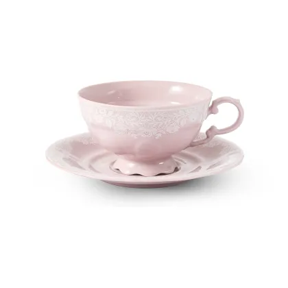 Zdjęcie Piękna porcelanowa filiżanka do herbaty ze spodkiem w kolorze różowym z delikatnym zdobieniem – Leander