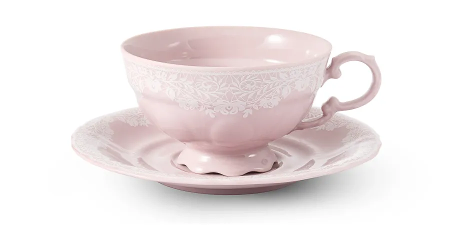 obrazek 1 Piękna porcelanowa filiżanka do herbaty ze spodkiem w kolorze różowym z delikatnym zdobieniem – Leander