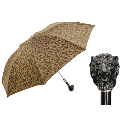 Picture Unique brown men's umbrella with a camouflage pattern and a handle in the shape of a black lion's head - Pasotti