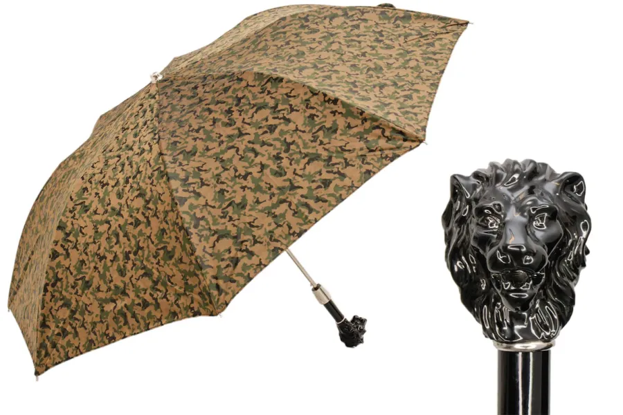obrazek 1 Wyjątkowy brązowy parasol męski ze wzorem w kamuflaż z rączką w kształcie głowy czarnego lwa - Pasotti