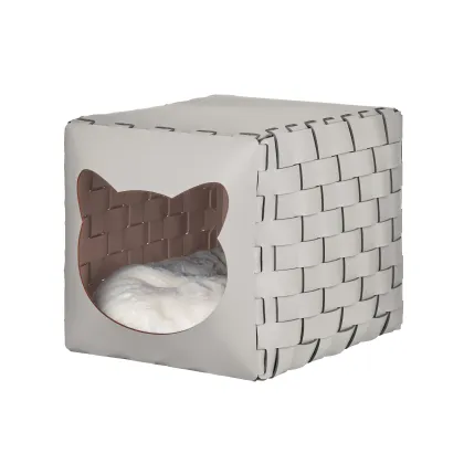 Zdjęcie Stylowy domek dla kota 35x40x35 cm ze skóry w kolorze szaro-beżowym