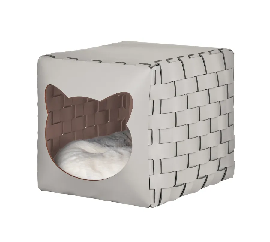 obrazek 1 Stylowy domek dla kota 35x40x35 cm ze skóry w kolorze szaro-beżowym