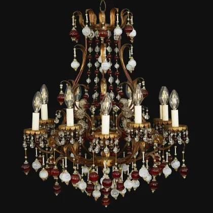 Picture Gilded iron cage chandelier with colored glass from the 20th century