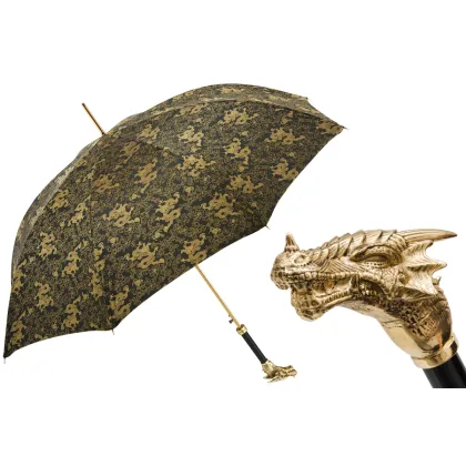 Picture Exclusive dark green men's umbrella with a beautiful handle in the shape of a dragon's head - Pasotti
