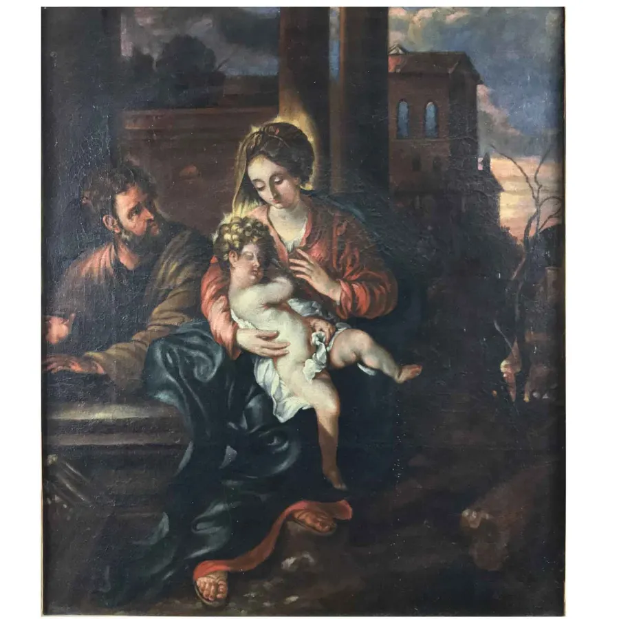 obrazek 2 Starożytny religijny obraz przedstawiający Dziewicę z Dzieciątkiem na kolanach podczas spokojnego snu