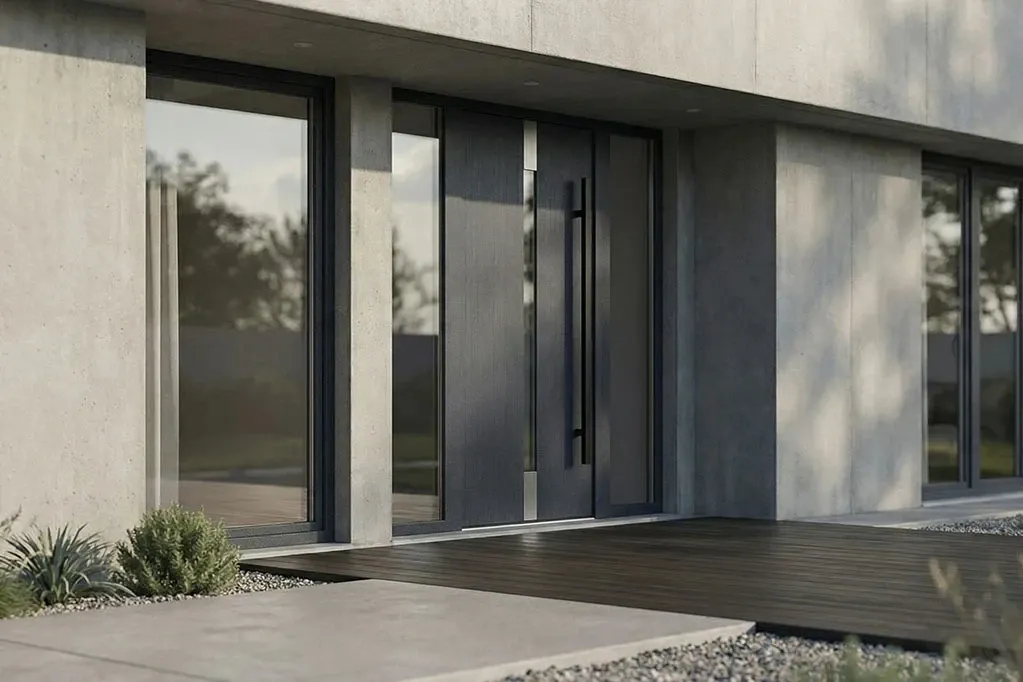 Zdjęcie ALUHAUS i design drzwi zewnętrznych, jak smukłe profile i duże przeszklenia kształtują fasadę budynku?